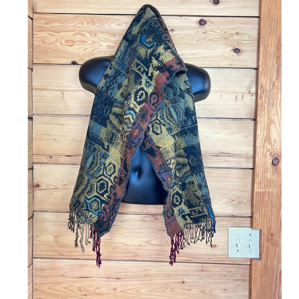 Vintage 90s Handmade Wool Scarf Abstract Geometric Jewel Tone Fringe Boho Wrap